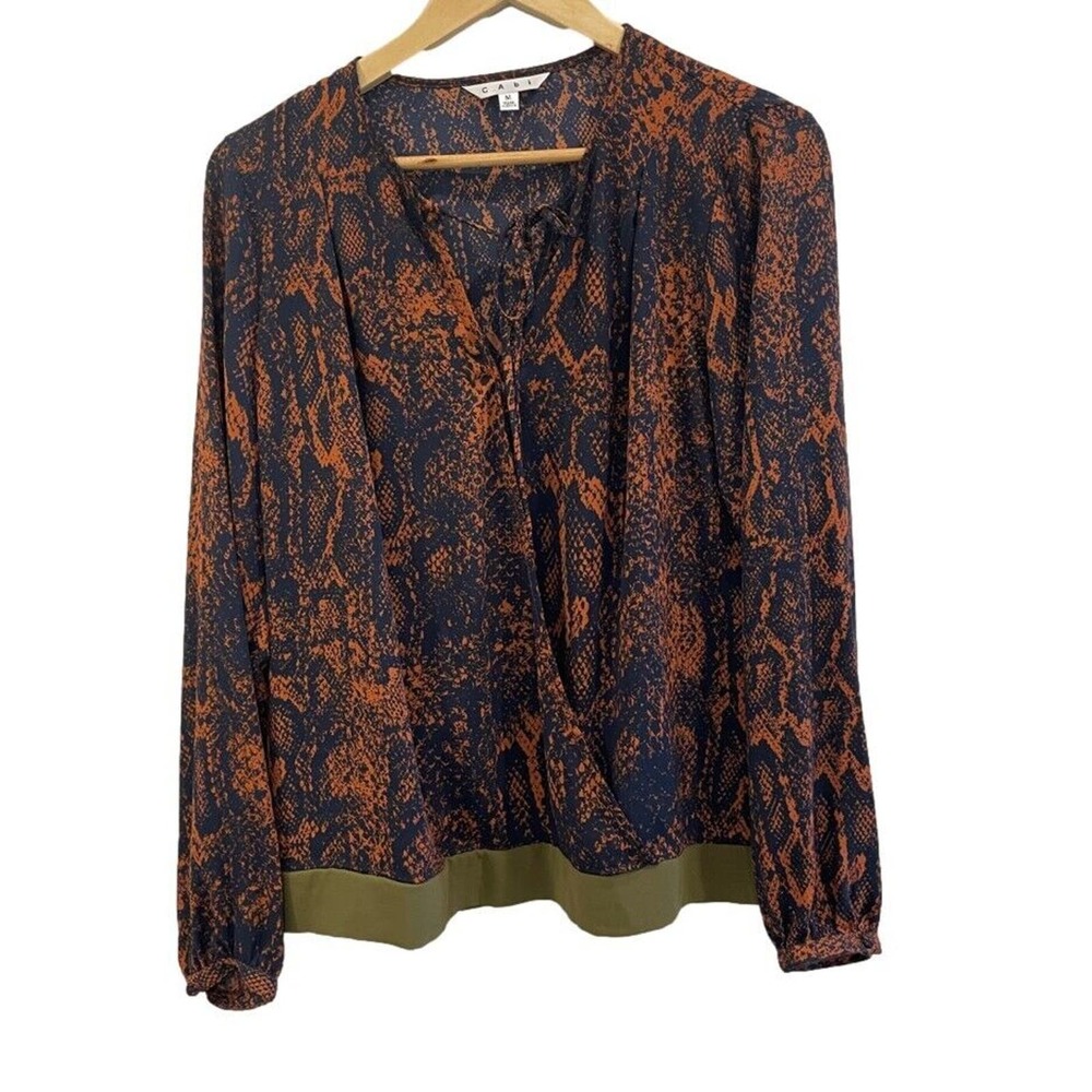 CAbi Blouse Womens Medium Navy Blue Orange Snake Print Long Sleeves Wrap #101